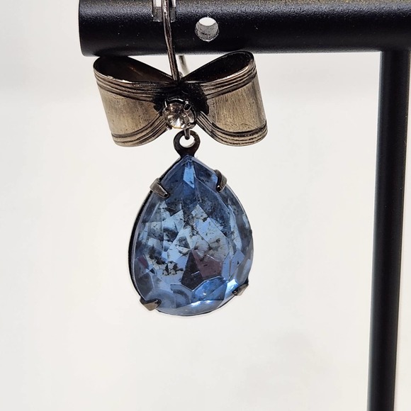 Blue Faceted Teardrop Silver Tone Brow Drop Dangle Hook Earrings Pierced Jewelry - Picture 2 of 6